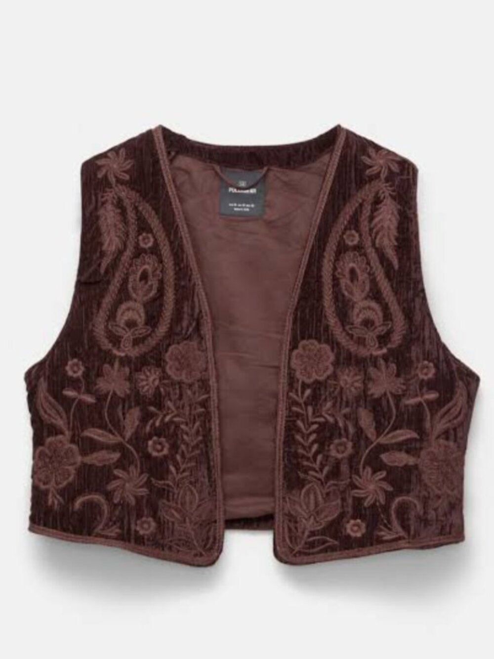 Pull&Bear Embroidered Brown Velvet Vest